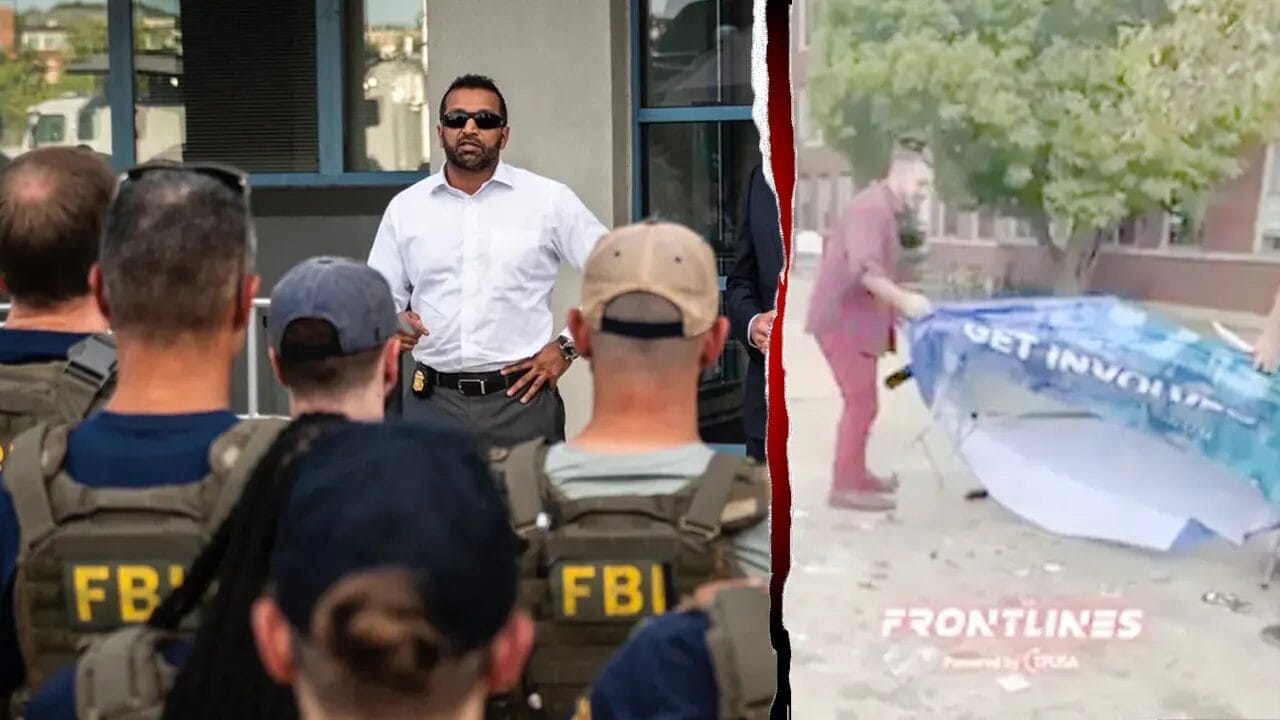 A man in sunglasses speaks to a group of FBI agents; on the right, two people struggle to set up a large blue umbrella outdoors.