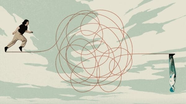 A tangled red lines on a blue and white background.