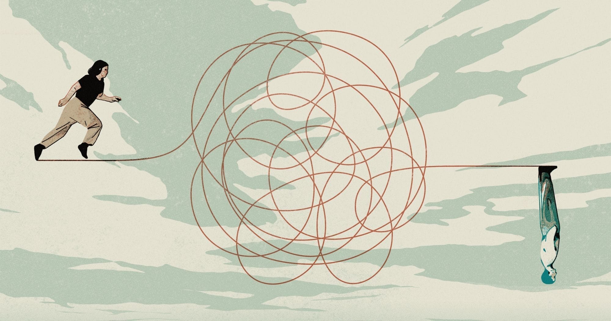 A tangled red lines on a blue and white background.