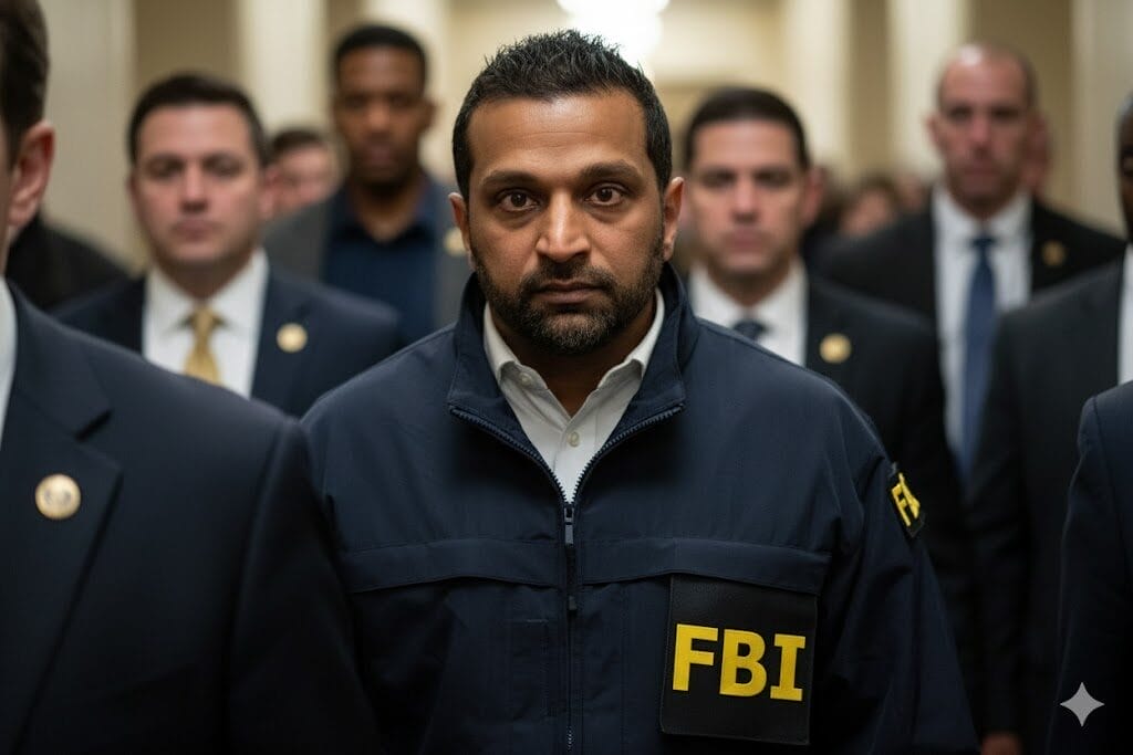 A serious-looking man in an FBI jacket walks down a hallway, surrounded by other men in suits and official attire.