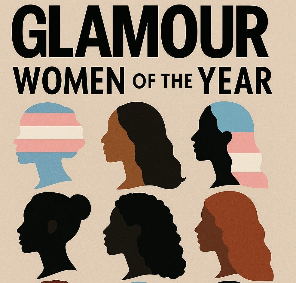 Illustration of six women’s silhouettes, some with transgender flag colors, under bold text reading “GLAMOUR WOMEN OF THE YEAR” on a beige background.