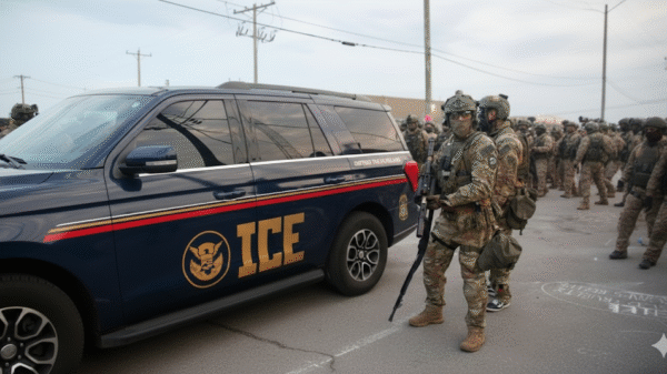 Armed officers in camouflage gear stand near an ICE vehicle, with a large group of similarly dressed personnel gathered in the background on a street.