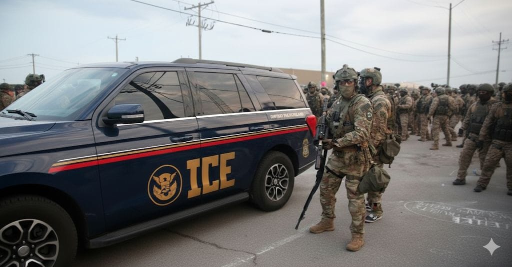 Armed officers in camouflage gear stand near an ICE vehicle, with a large group of similarly dressed personnel gathered in the background on a street.