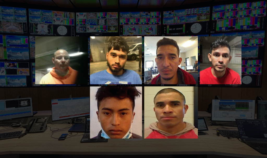 A collage of six men's mugshots is overlaid on a background of a control room with multiple monitors and equipment.