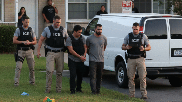 Four ICE officers detain a handcuffed man outside a house near a white van, with another man and a child visible in the background.