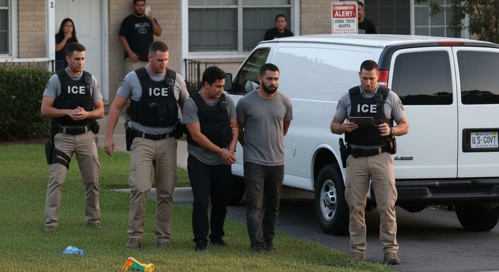 Four ICE officers detain a handcuffed man outside a house near a white van, with another man and a child visible in the background.