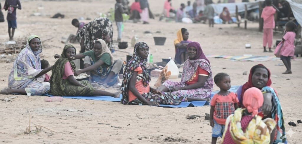Groups of women and children sit and interact on sandy ground outdoors, some on mats, with sparse belongings and tents visible in the background.