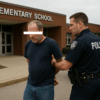 A police officer arrests a man outside an elementary school; the man’s eyes are censored with a white bar, and a police car is parked nearby.