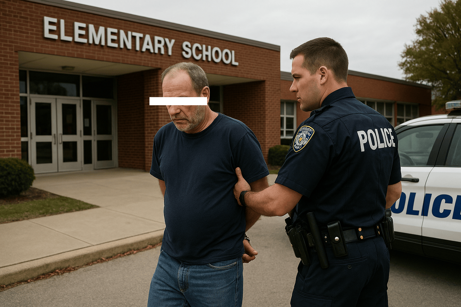 A police officer arrests a man outside an elementary school; the man’s eyes are censored with a white bar, and a police car is parked nearby.